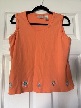 100% cotton Coral Sleeveless Tank with Embroidered Shell Accents